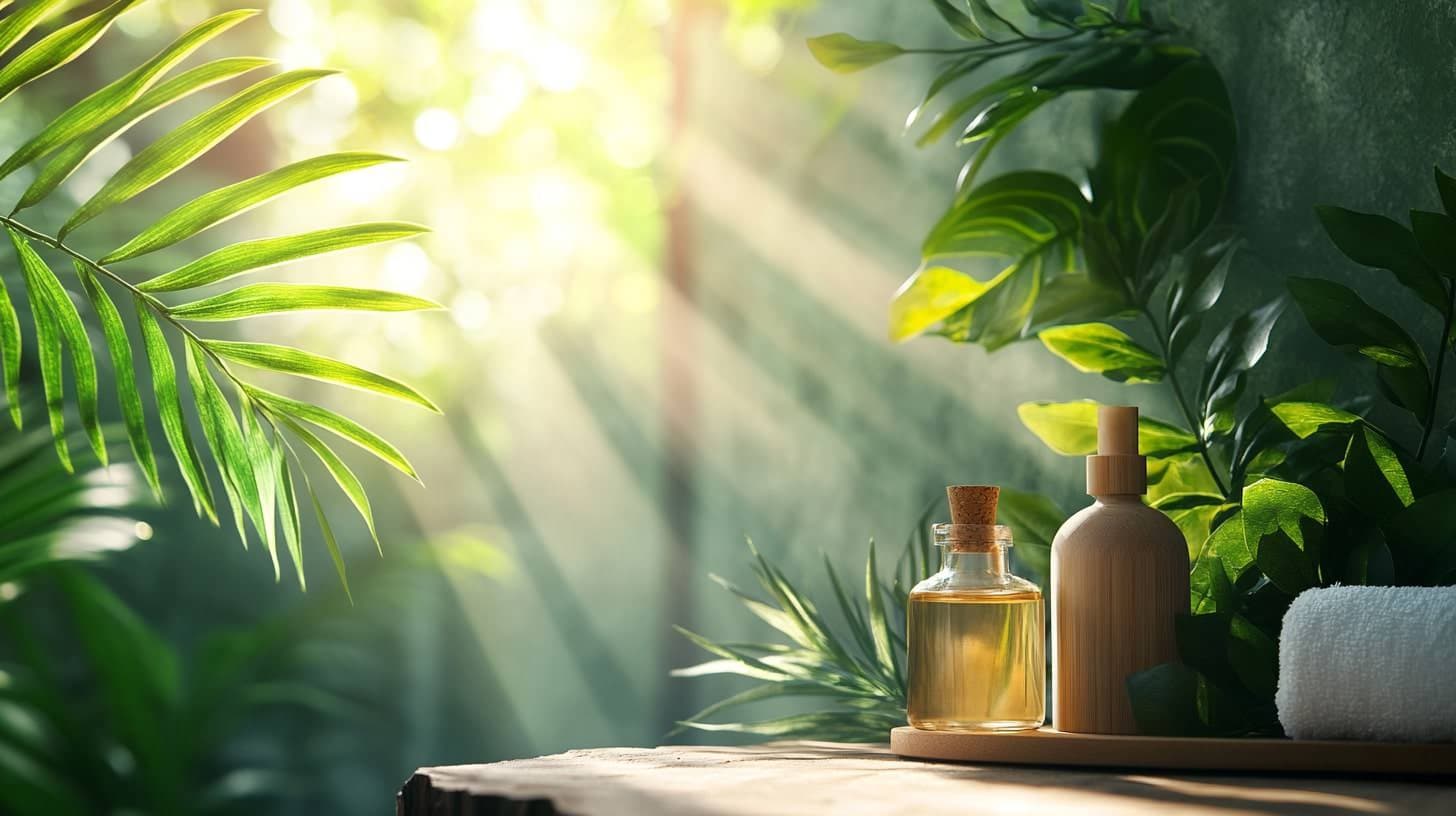 Natural wellness products with botanical oils and lush greenery in warm sunlight