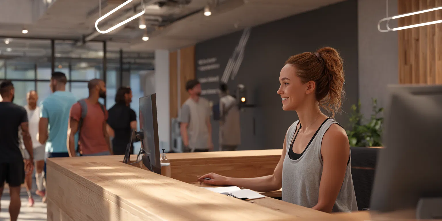 Gym receptionist greeting arriving members at a modern fitness studio