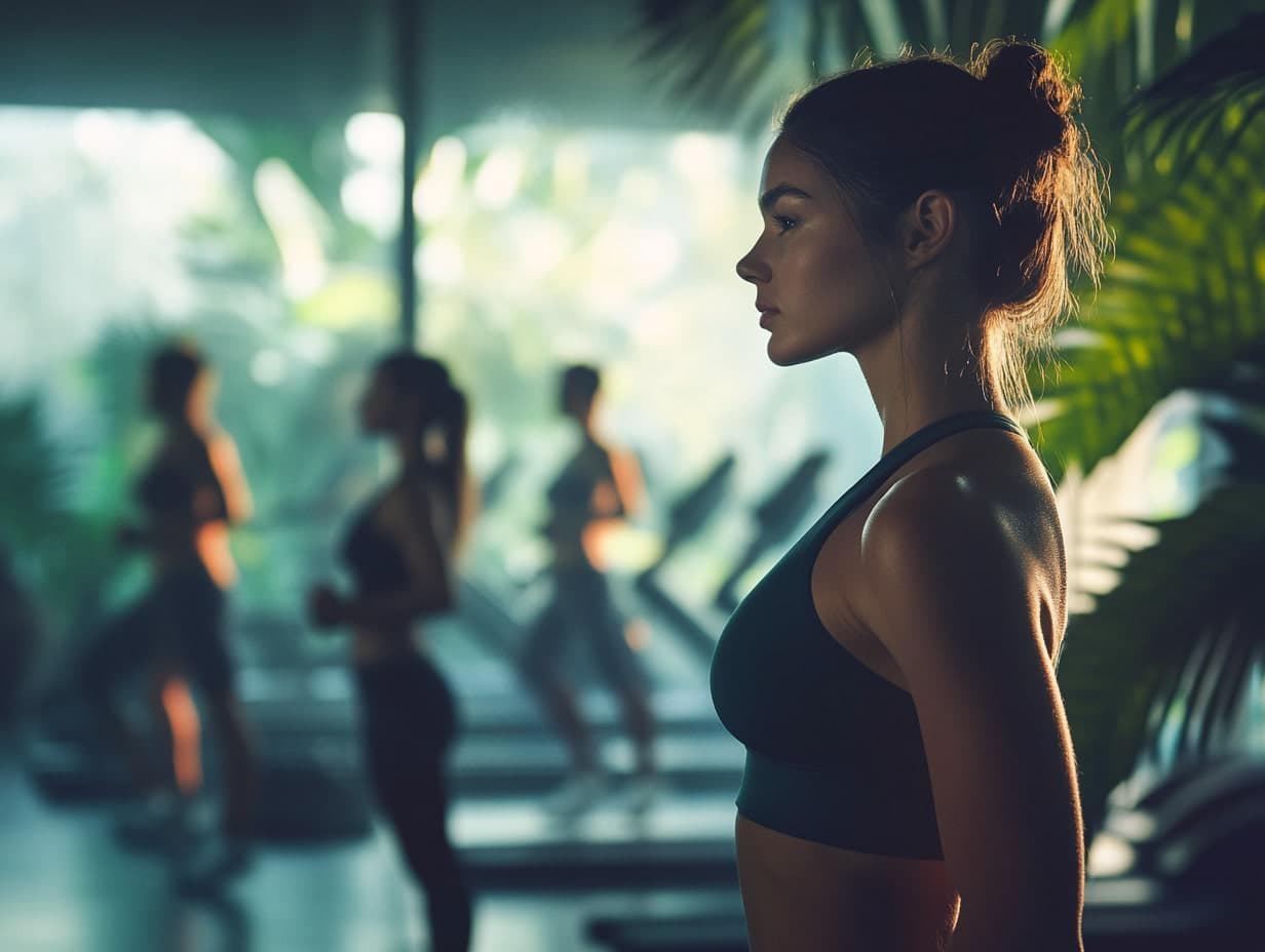 Woman in athletic wear at a modern fitness studio with members exercising in background