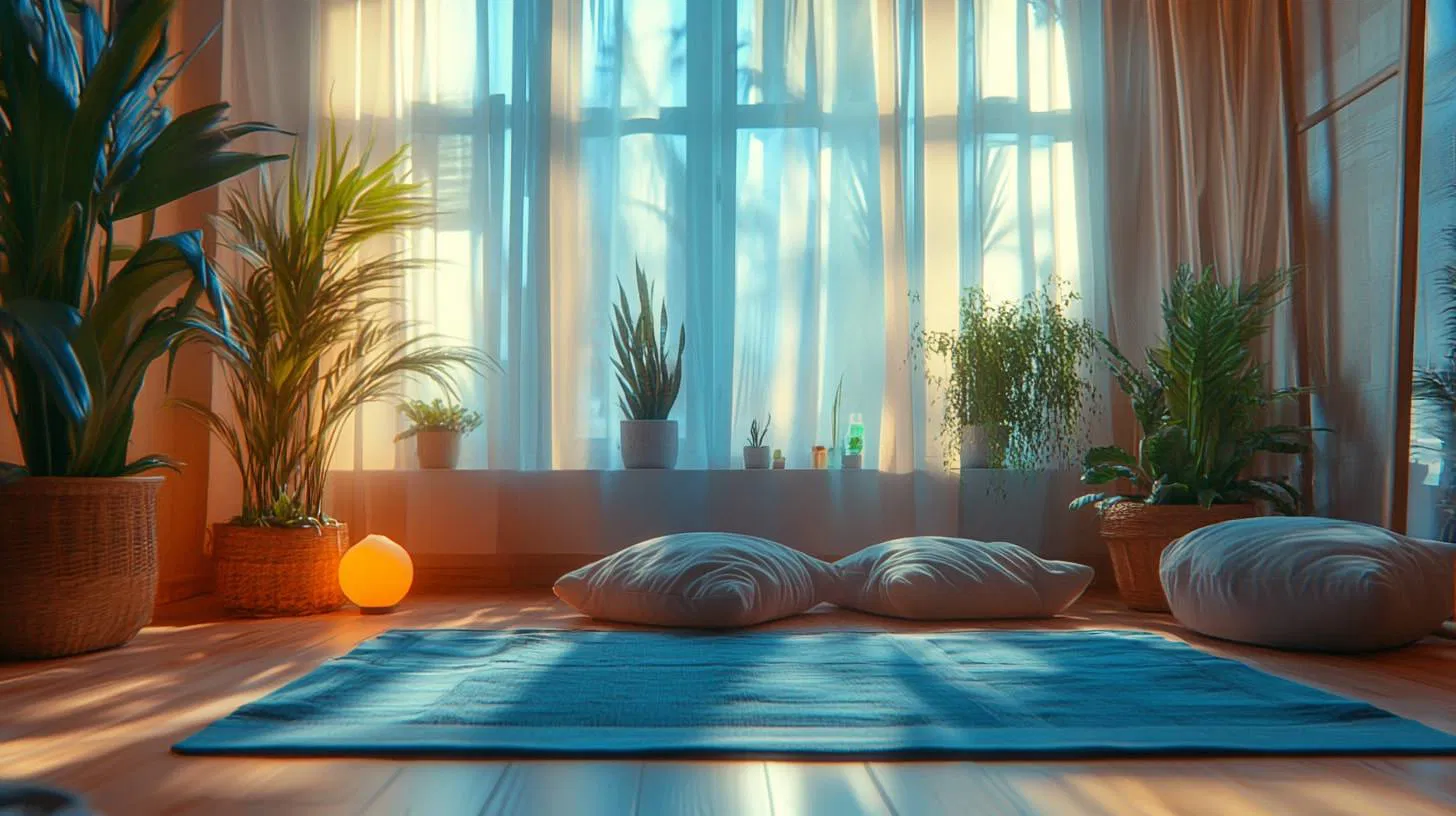 Serene yoga studio with warm sunset lighting and meditation cushions